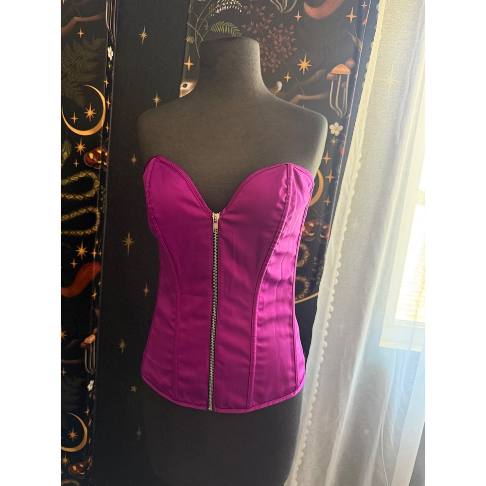 Fredericks of Hollywood Magenta Satin Corset Top Zipper Front Lace Up Purple XL